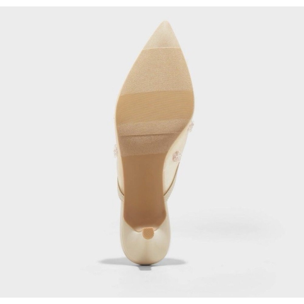 Womens Sheer Mesh Kitten Heel Mule Pointed Toe Floral Chic Cottagecore Ivory 7.5 - Picture 4 of 4